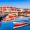 Colorful fishing boats docked at the marina in Lefkada Town, Greece