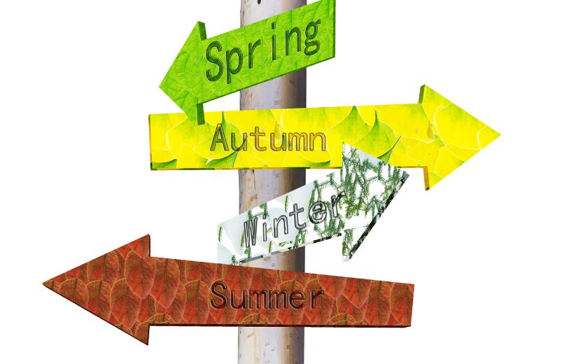 Seasonal travel signpost showing summer, autumn, spring, and winter – representing the best time to visit Lefkada.